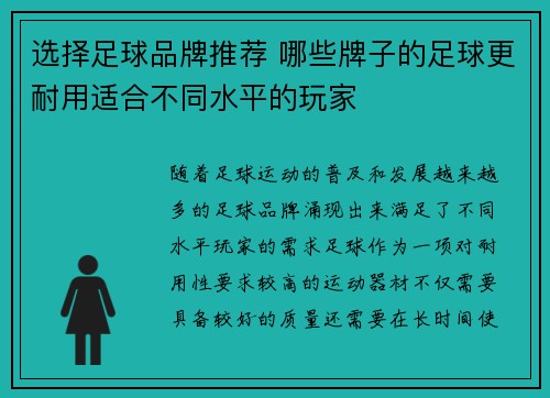 选择足球品牌推荐 哪些牌子的足球更耐用适合不同水平的玩家