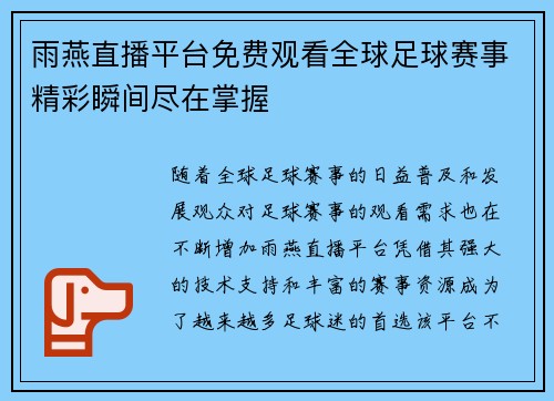 雨燕直播平台免费观看全球足球赛事精彩瞬间尽在掌握